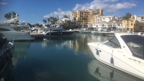 Un puerto deportivo con varios yates amarrados, rodeado de edificios y palmeras.