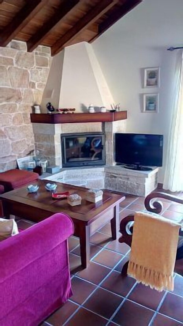 Télévision, cheminée, livres