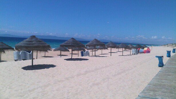 Een strand met rieten parasols en ligstoelen, een houten promenade en de oceaan op de achtergrond.