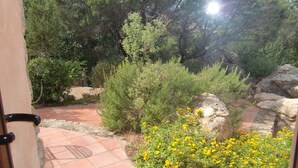 A garden pathway with yellow flowers and rocks, surrounded by greenery. - LA VILLA GIULIA IN PORTO CERVO (OLBIA TEMPIO)