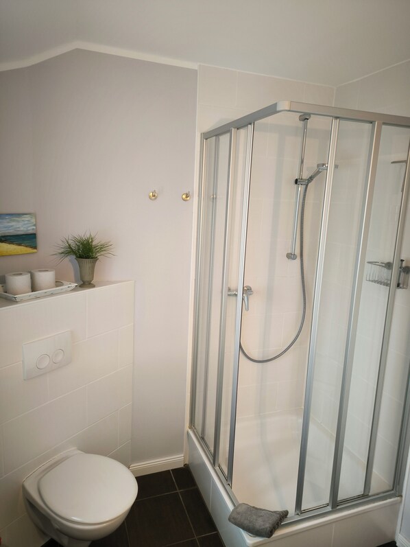 Une salle de bain moderne avec une douche en verre, des toilettes et une petite plante en pot accrochée au mur.