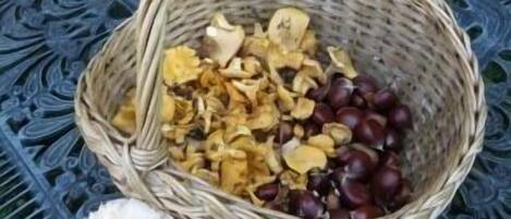 Een rieten mand gevuld met gedroogd fruit en noten, geplaatst op een metalen tafel met een decoratief patroon.