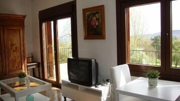 Televisie, een open haard, een dvd-speler en een kantoor