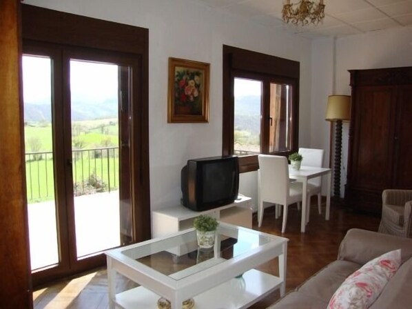 Télévision, cheminée, lecteur de DVD, espaces bureaux