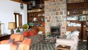 Una sala de estar acogedora con chimenea, estantería y suelo a cuadros.