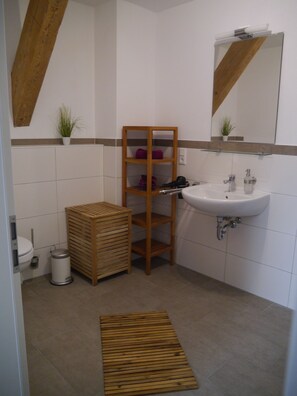 Shower, hair dryer, towels