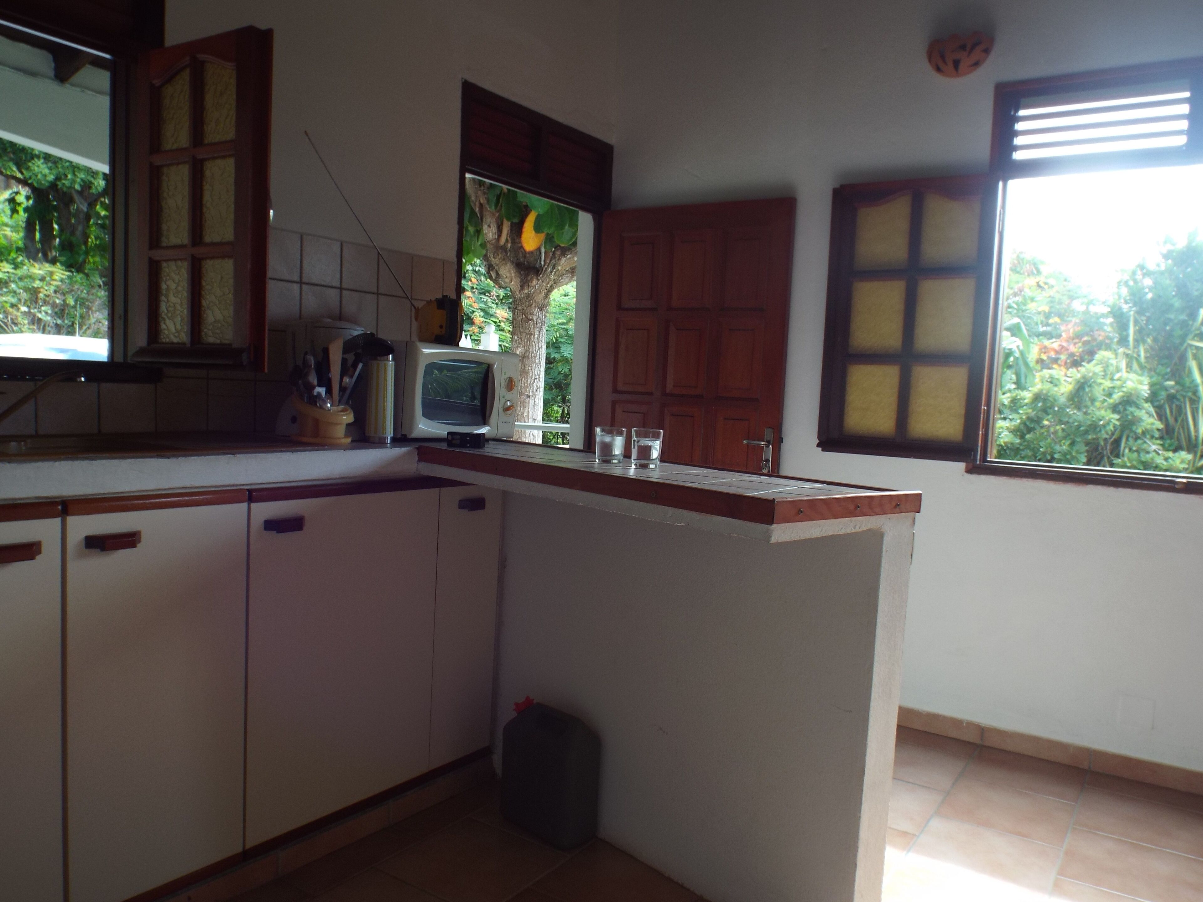A kitchen with a microwave, cabinets, and a window with a view of greenery.