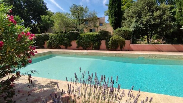 A swimming pool surrounded by lush greenery and a building in the background.