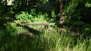 A wooden bench in a grassy area with trees in the background. - quiet holiday overlooking the pond, park and forest edge (Niederklütz)