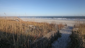 Een strandpad met een houten omheining en hoge grassen dat naar de oceaan leidt.