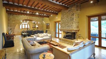 TV, caminetto, lettore DVD, libri