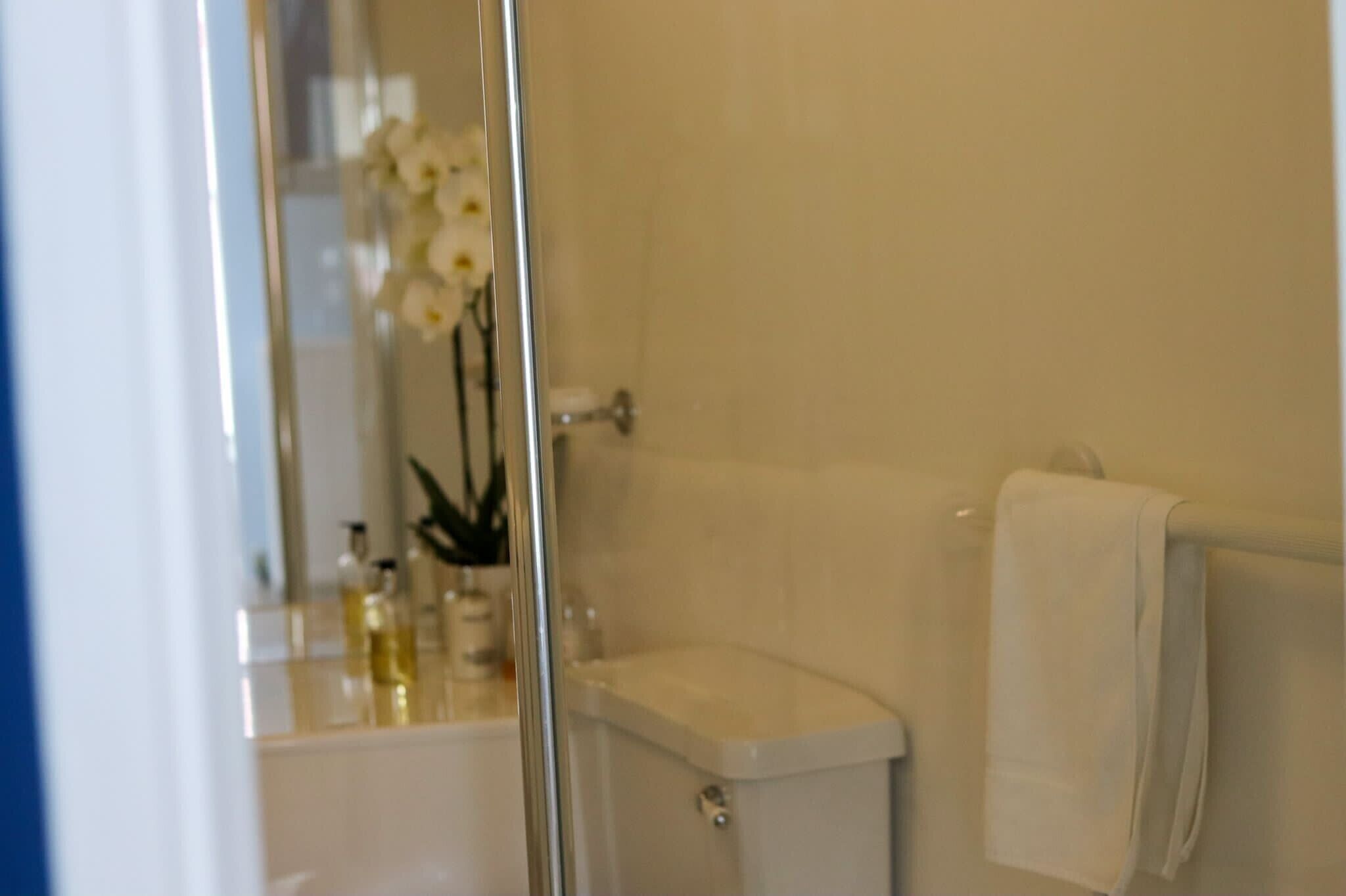 A bathroom with a toilet, a towel hanging on the wall, and a glass shower enclosure.