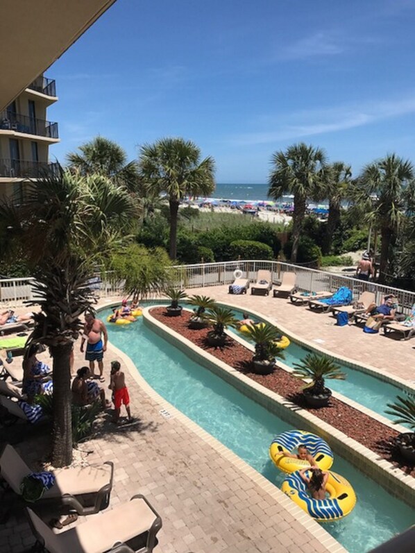 A pool area with lounge chairs, a pool, and palm trees.