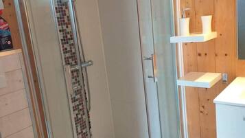 A glass-enclosed shower with a tiled wall, a toilet, and a small sink with a mirror.