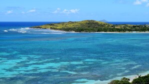 Un paysage côtier caractérisé par une eau turquoise et limpide, une plage de sable et une colline verdoyante couverte de végétation.