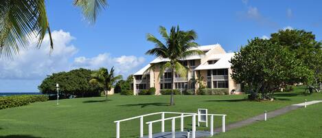 A hotel with a well-maintained lawn, palm trees, and a clear view of the ocean.