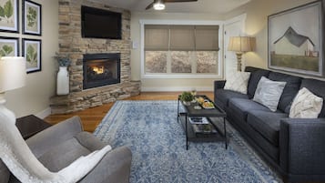 Smart TV, fireplace, books