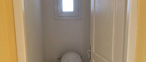 A small bathroom with a toilet, a window, and a door.