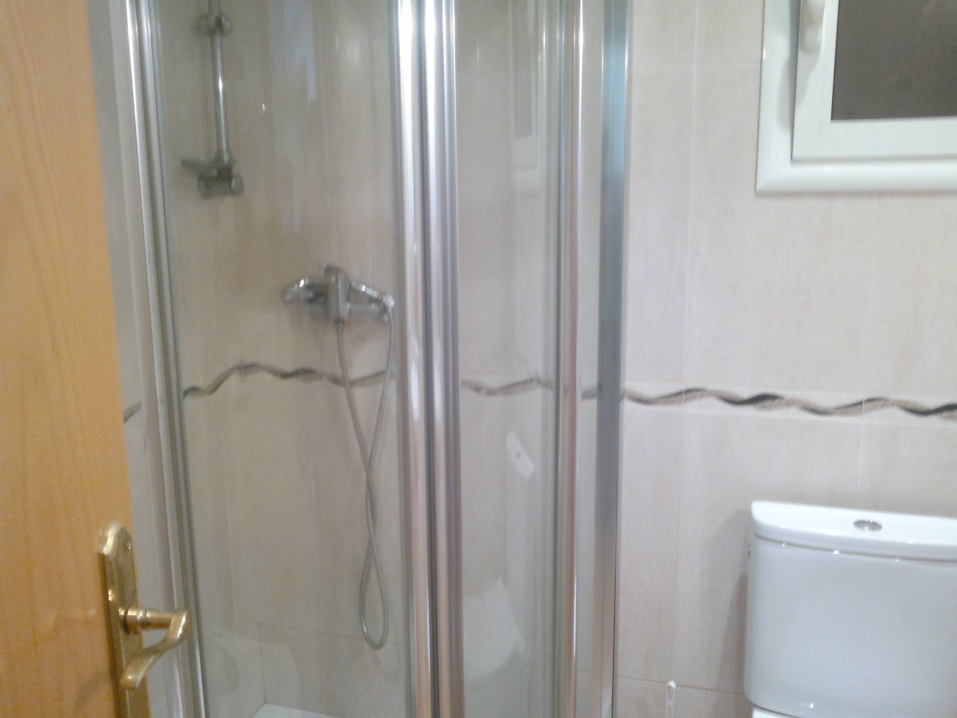 Un baño con cabina de ducha de vidrio, un inodoro blanco y una puerta con picaporte de latón.
