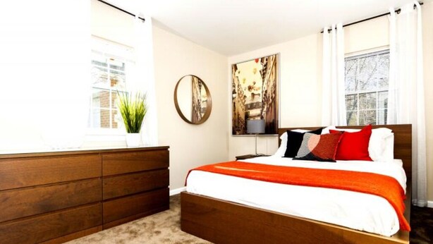 Une chambre avec un lit en bois, une grande fenêtre, un miroir et une plante.