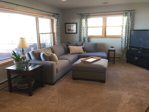 Smart TV, fireplace, DVD player, books