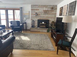 智能电视、壁炉、DVD 播放器、书