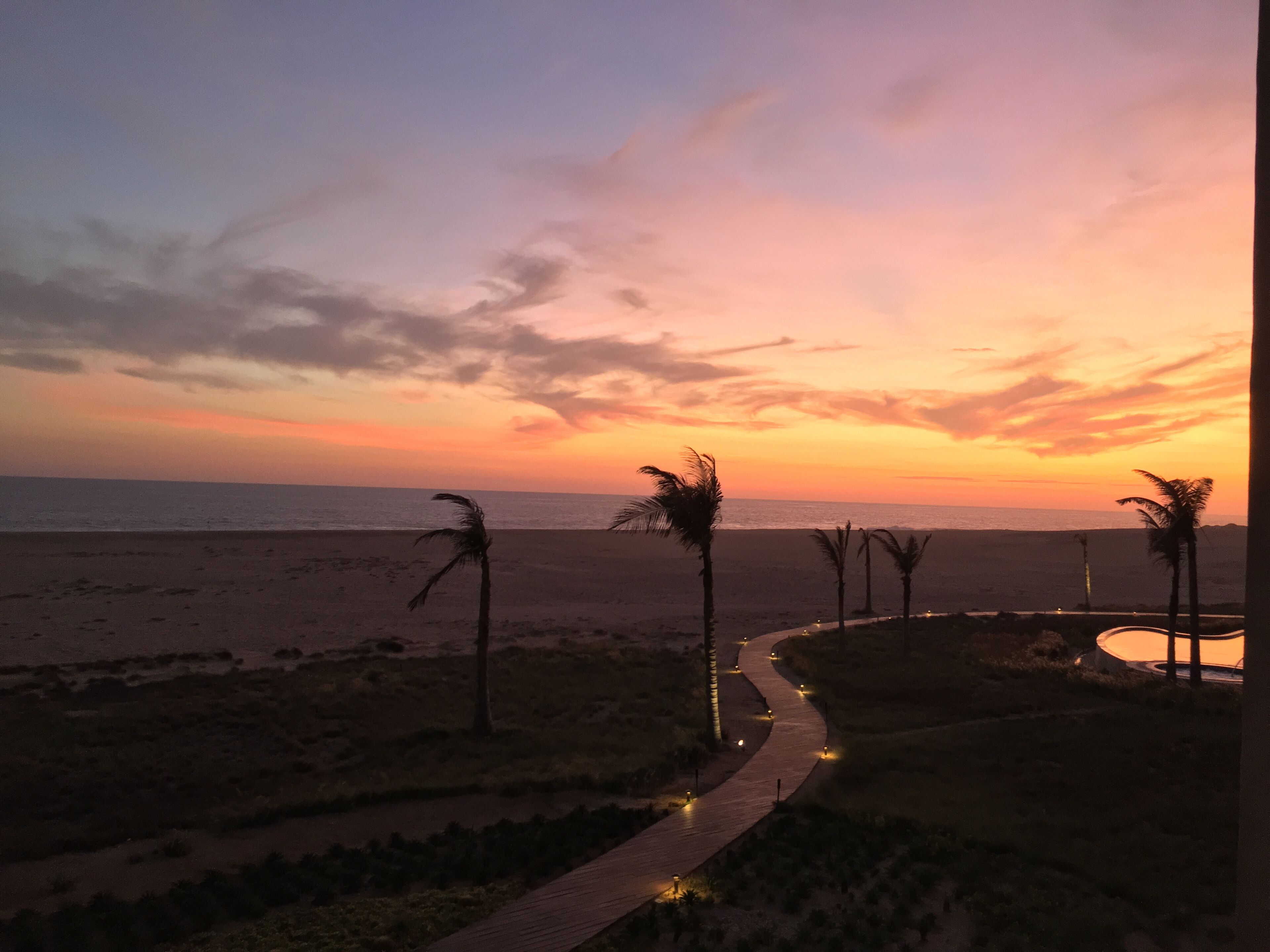 Une vue sur le coucher de soleil depuis un balcon donnant sur une plage bordée de palmiers et surmontée d’une promenade pavée.