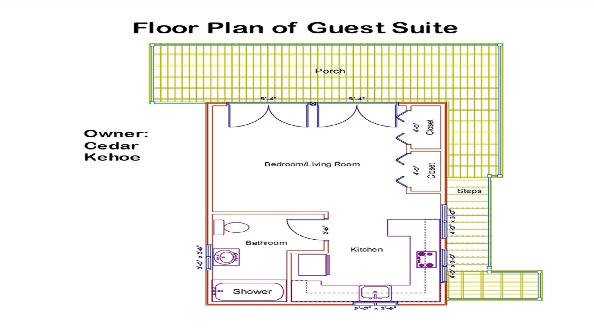 A floor plan of a guest suite with a porch, bedroom/living room, bathroom, kitchen, and shower.