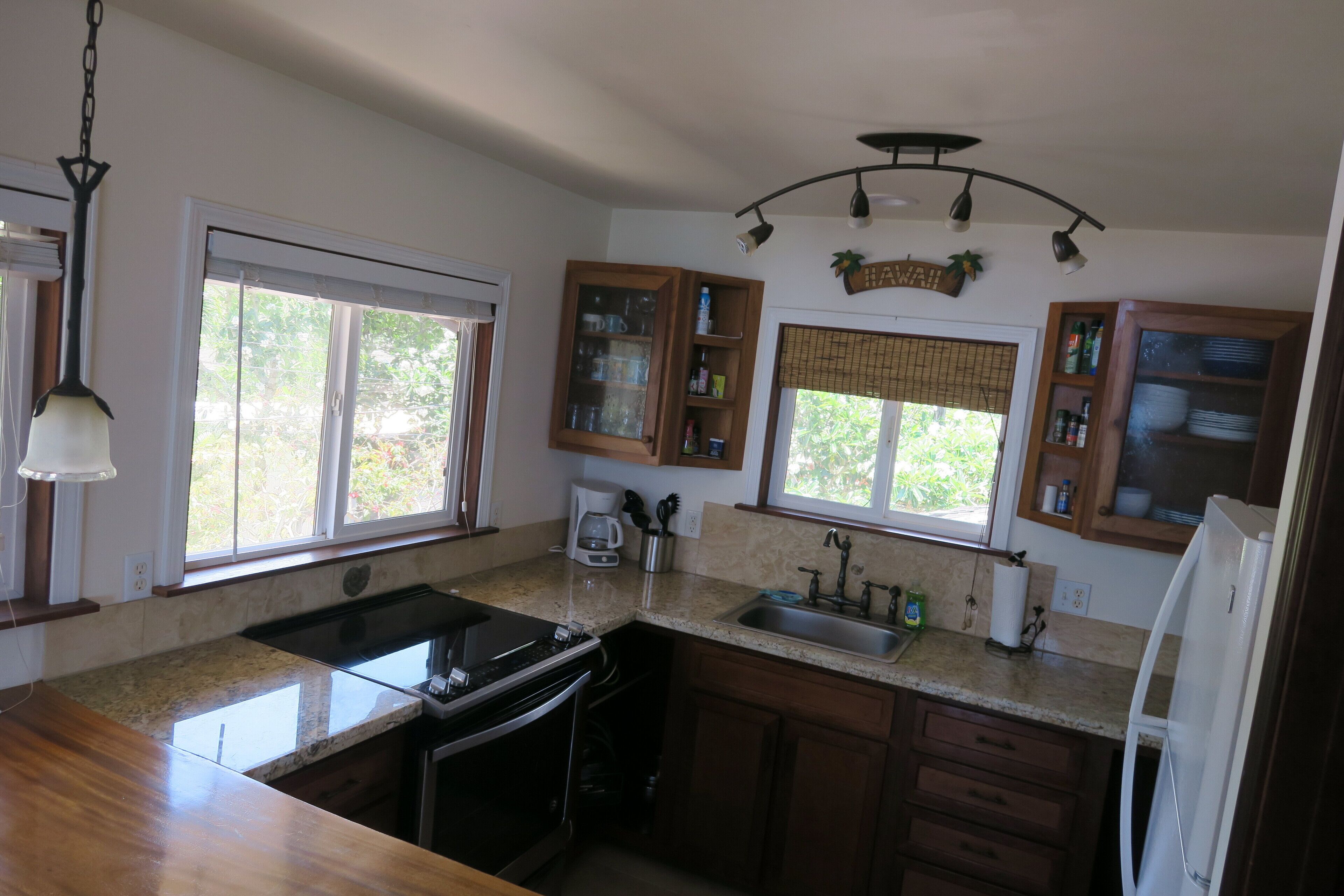 Una cocina con encimera de granito, electrodomésticos de acero inoxidable, armarios de madera y una ventana con vistas a la vegetación.