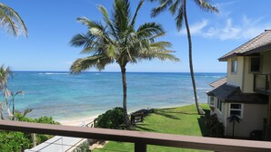 A beachfront property with a balcony overlooking the ocean, palm trees, and a small building.
