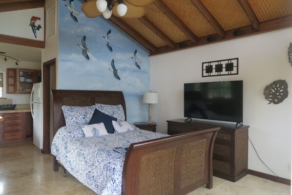 Une chambre avec un lit, une télévision, un mur décoré de motifs d’oiseaux et, au fond, une cuisine.
