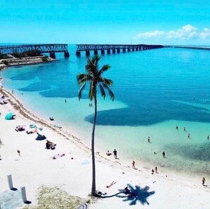 A beach with clear turquoise water, a palm tree, and a pier in the background.
