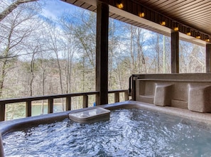 A hot tub with a view of a forest.
