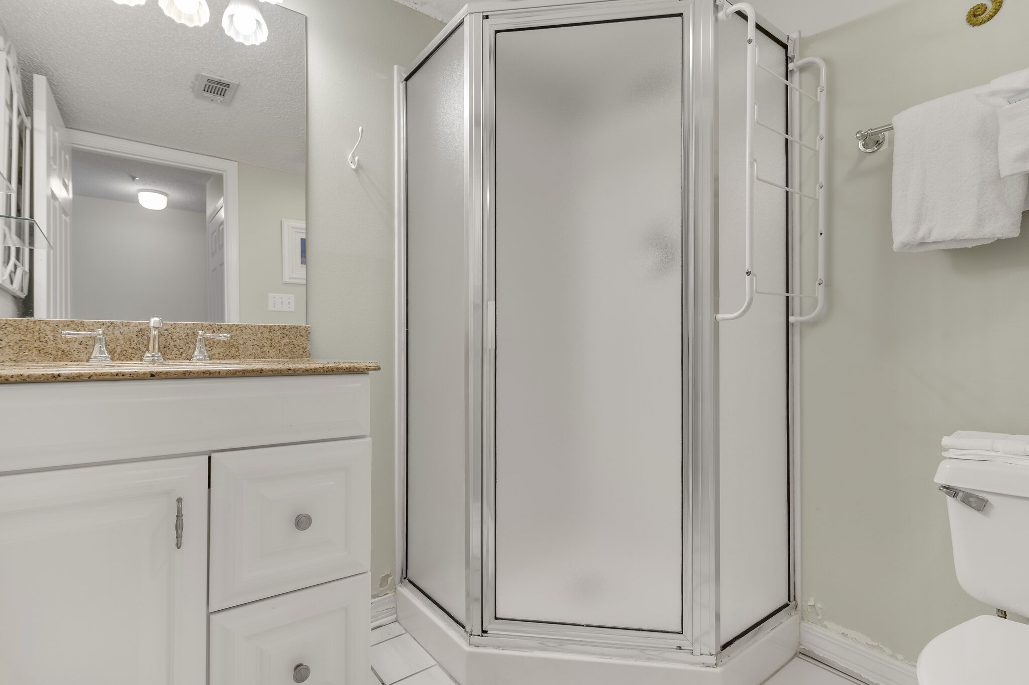 A bathroom with a glass-enclosed shower, a white toilet, and a vanity with a granite countertop.