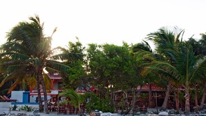 Ein Restaurant am Strand mit Außenbereich, Palmen und einer Holzterrasse.