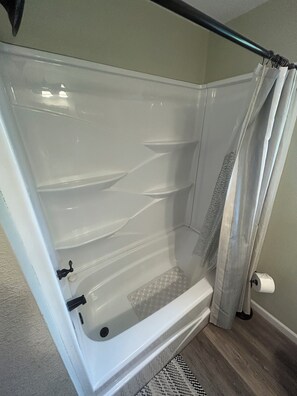 Hair dryer, towels, soap, shampoo