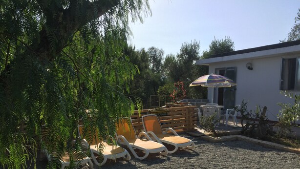 Eine Terrasse mit Sitzgelegenheit im Freien, ein kleines Gebäude und umgebende Bepflanzung.