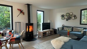 Smart TV, fireplace, DVD player, books