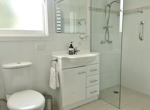 Dusche, Haartrockner, Handtücher, Seife
