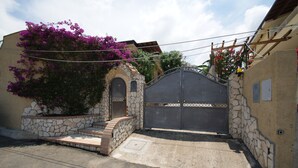 A gated entrance with a stone wall and steps leading up to a door. - beautiful detached villa with private pool wi-fi (Briatico)