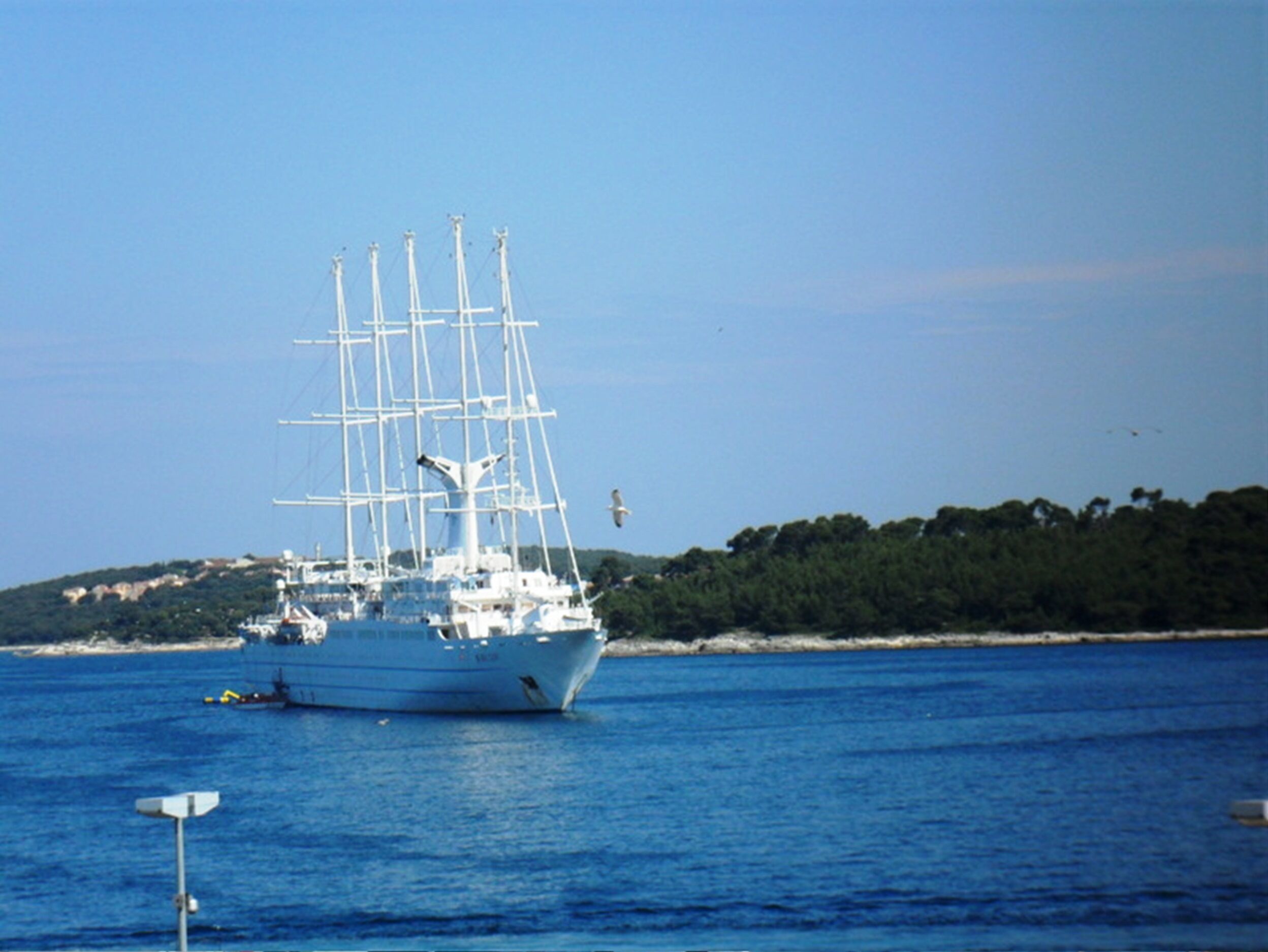 A large sailing ship on calm waters with a forested coastline in the background.