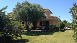 A house with a tiled roof, a lawn, and a tree in the foreground.