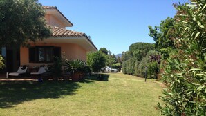 A house with a tiled roof, a lawn, and a garden with various plants and trees.