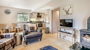 A modern living room with a sofa, a television, and a fireplace.