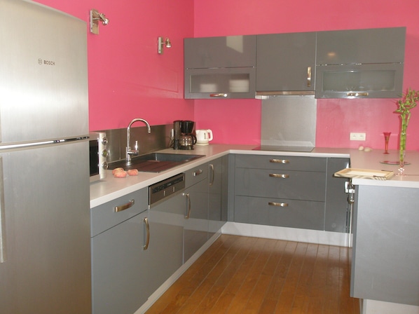 Une cuisine avec des meubles gris, un réfrigérateur Bosch en acier inoxydable, un mur rose et un plancher en bois.