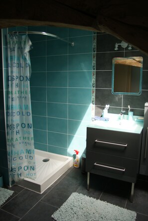 Bathtub, hair dryer, towels, soap