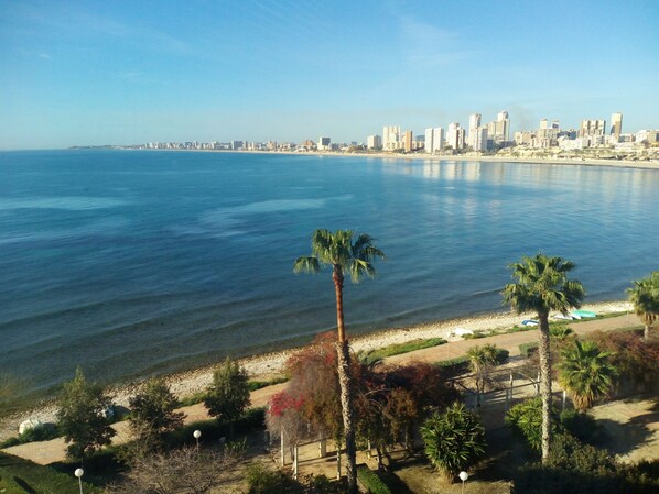 Un paisaje urbano costero con vista despejada al mar y una playa arenosa.