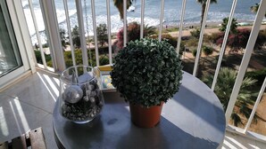 A balcony with a potted plant and a glass container with decorative items. - PRIVATE ACCESS TO BEACH IN THE SAME URBANIZATION (El Campello)