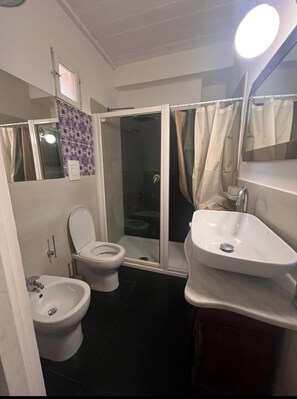 Shower, hair dryer, bidet, towels