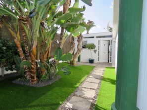Stroll through the serene garden, surrounded by lush greenery and vibrant plants, including banana trees and a charming tree with a heart-shaped decoration.